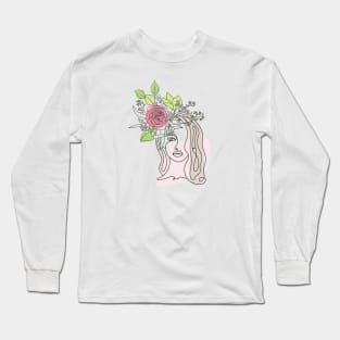 Beautiful Woman Flowers Design, Woman Line Art, Girls Design Long Sleeve T-Shirt